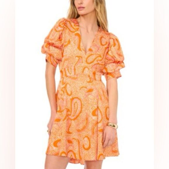 NEW 1.STATE Printed V-Neck Tiered Bubble Puff Sleeve Mini Dress Orange Size XS - Picture 1 of 11